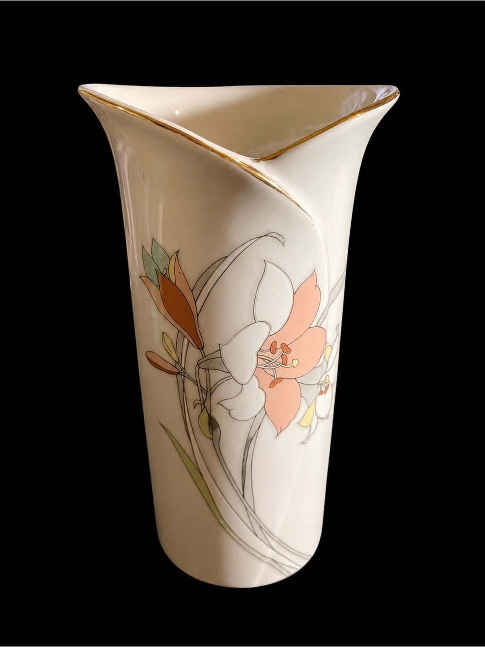 Elegant Floral Porcelain Vase with Gold Trim